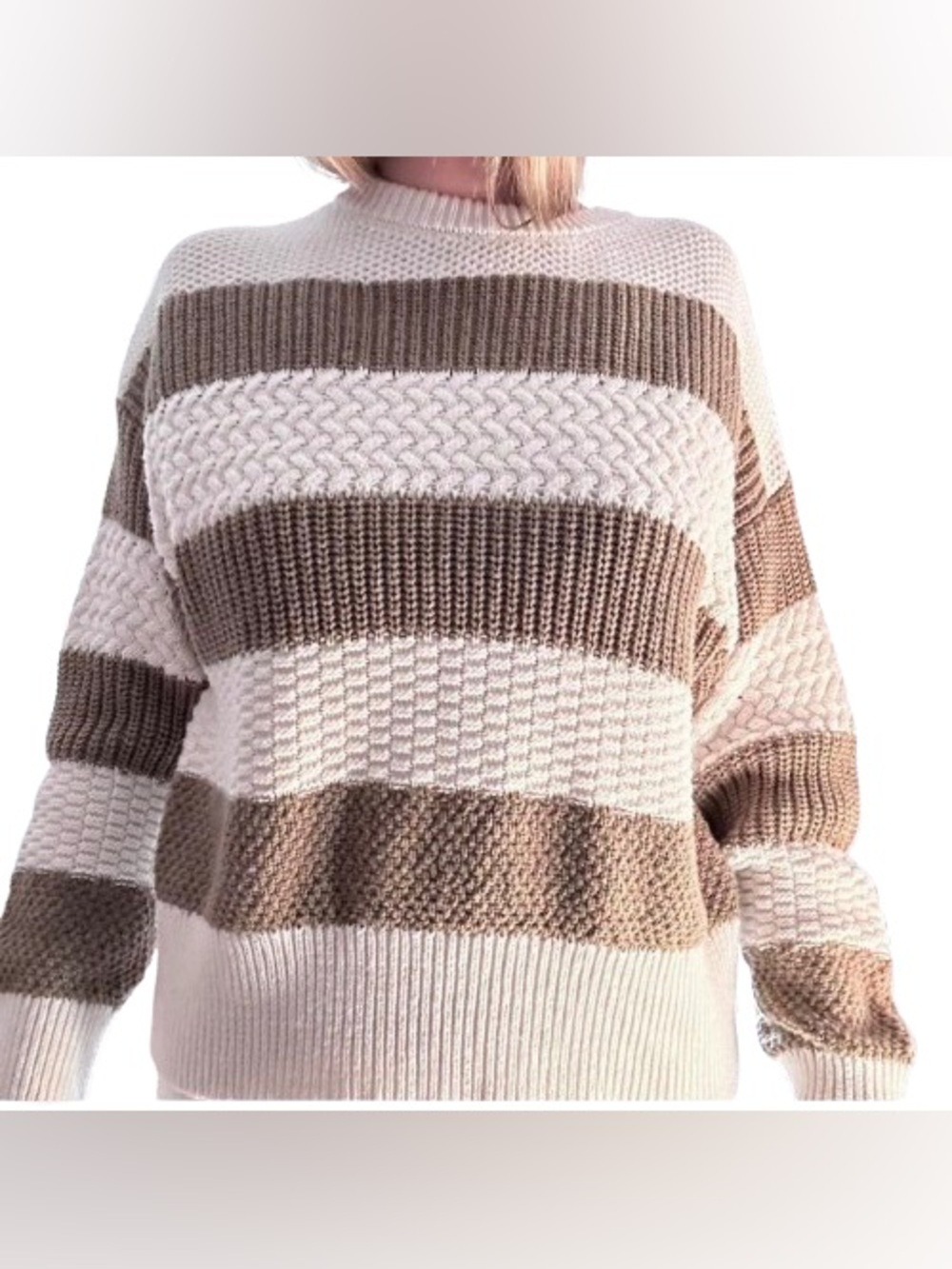A New Day- Chunky Striped Knit Sweater - Cream & Olive Green. Size: XL